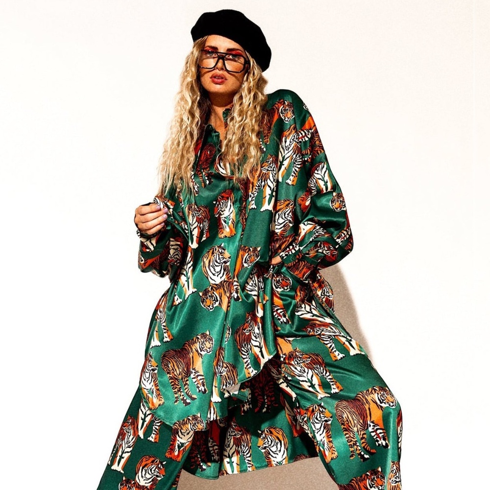 NWT Dressed in LALA Oversized Satin Tiger Tales Playsuit TOP ONLY